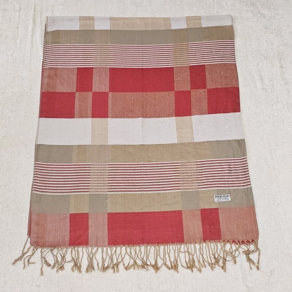 100% Silk & Pashmina/Cashmere Tan & Red Striped Plaid Luxury  Scarf  Shawl